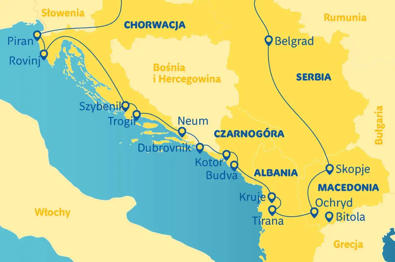 Mapa pokazuje, gdzie leży Macedonia, między Albanią a Bułgarią, z Ochrydem i Skopjem jako głównymi miastami.