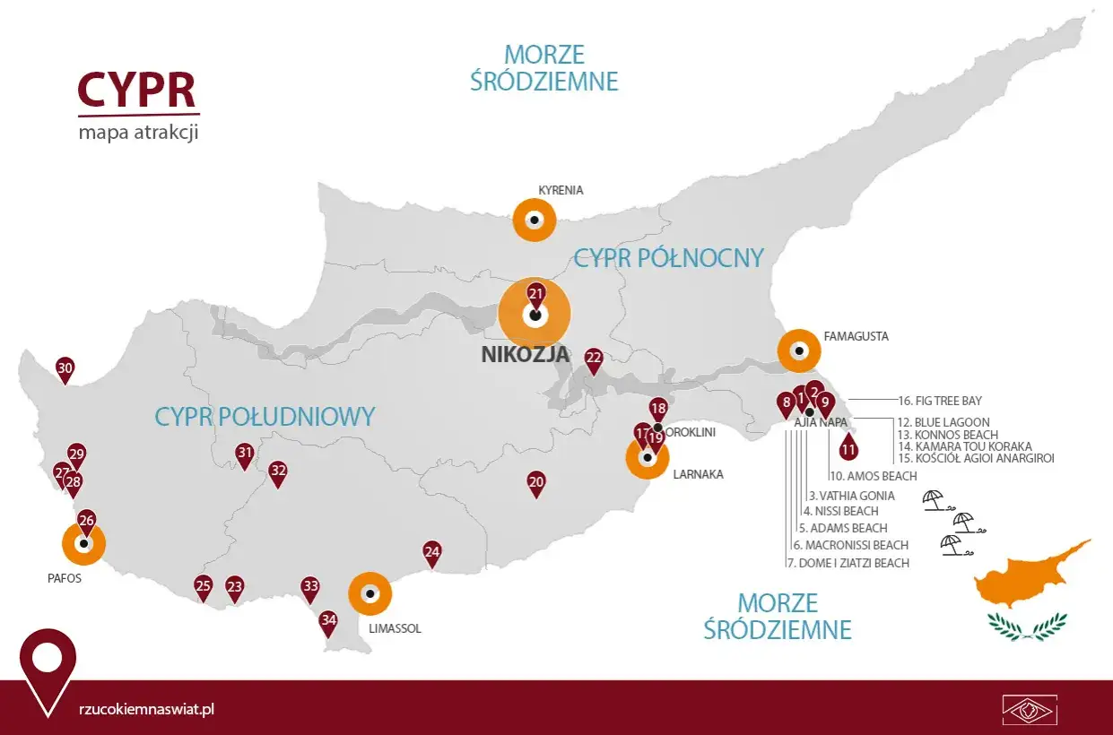 Mapa atrakcji Cypru, idealna na wycieczkę cypr w 3 dni. Zaznaczone główne miasta i punkty turystyczne.