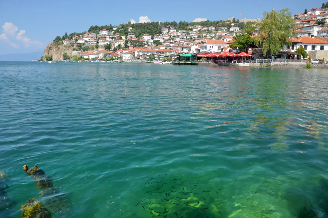 Macedonia jezioro. Turkusowa woda, ławice ryb i miasteczko na wzgórzu.