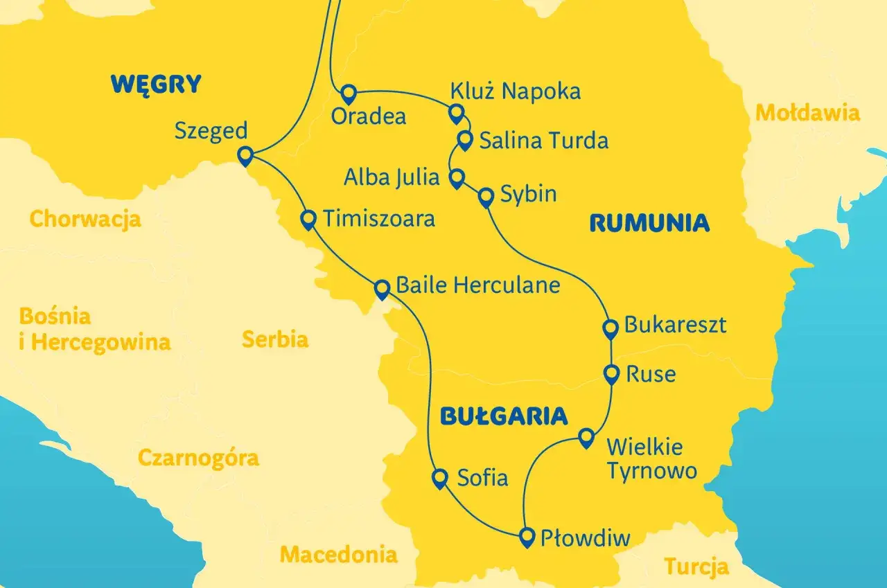 Mapa pokazuje trasę przez Rumunię, Bułgarię i Węgry. Czy Rumunia to Bałkany? Mapa pokazuje jej położenie obok Serbii i Bułgarii.