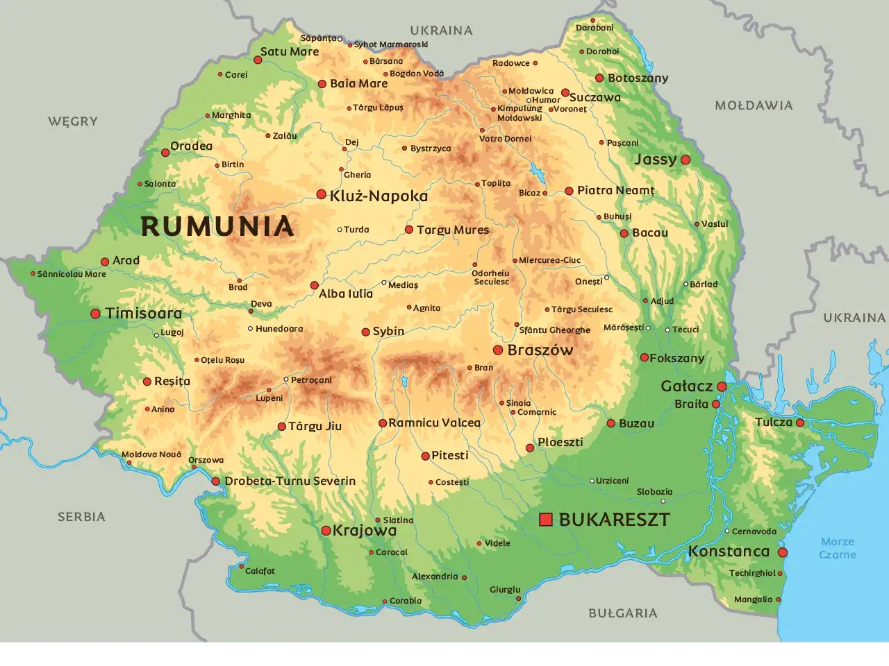 Mapa Rumunii z zaznaczonymi miastami, górami i rzekami. Wiele miejsc oferuje termy Rumunia, idealne na relaks.