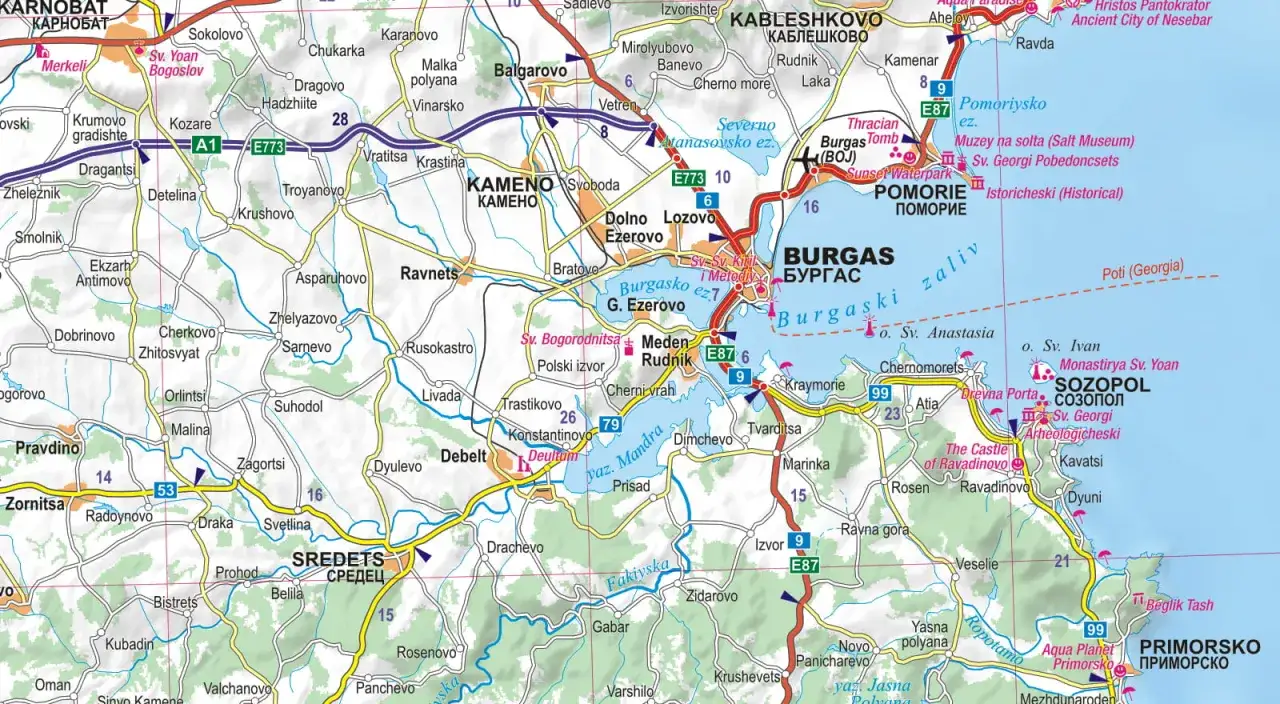 Mapa Bułgarii z zaznaczonymi lotniskami w okolicach Burgas, Pomorie i Primorsko.