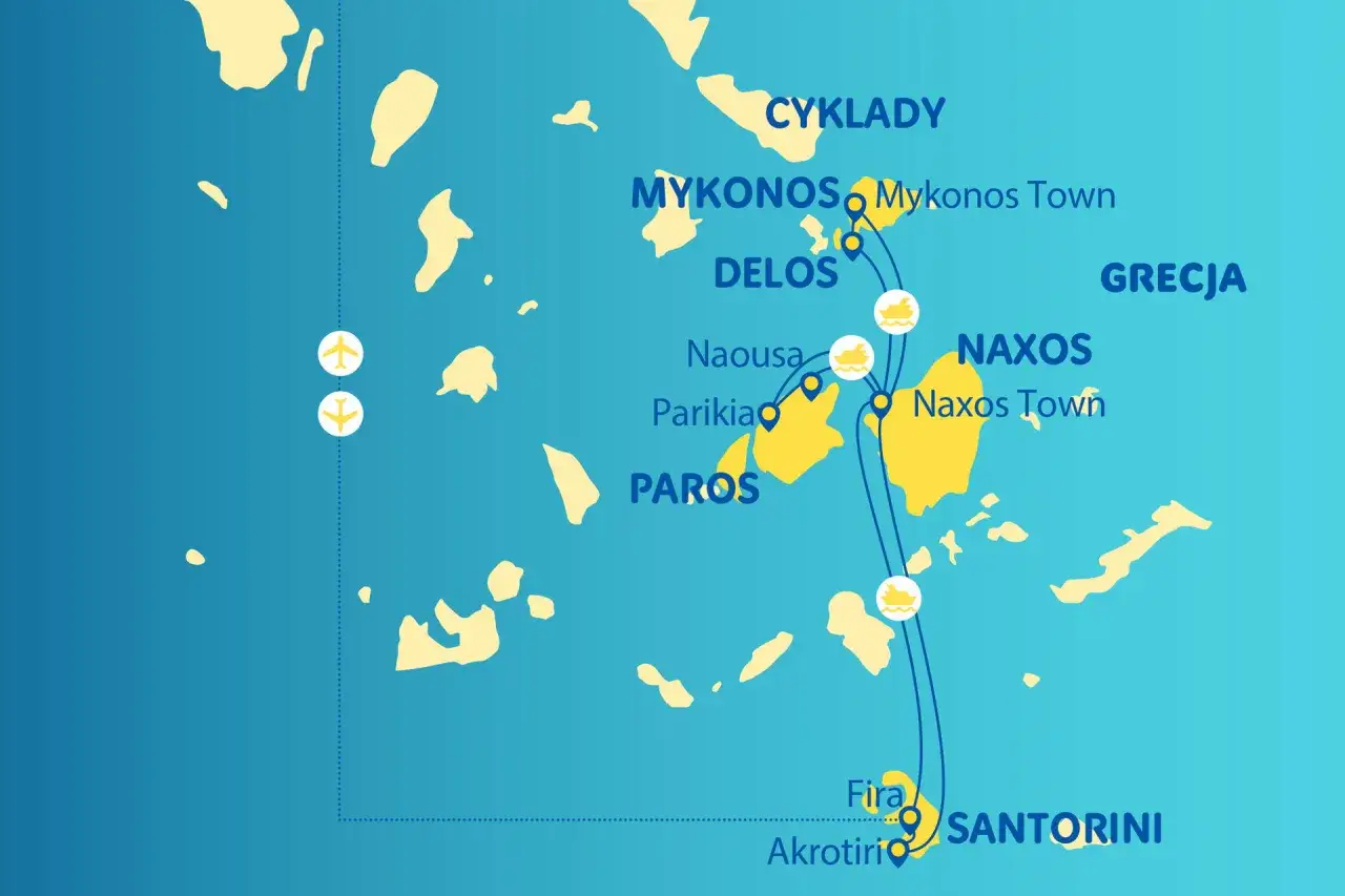 Mapa Cyklad: Mykonos, Delos, Paros, Naxos, Santorini. Planujesz podróż gdzie do Grecji?