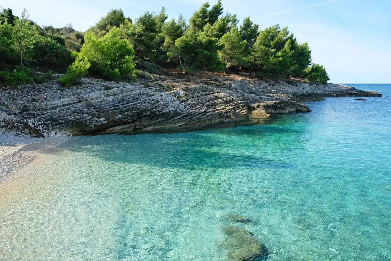 Skaliste wybrzeże z sosnami na przylądku Kamenjak, z krystalicznie czystą, turkusową wodą obmywającą kamienistą plażę.