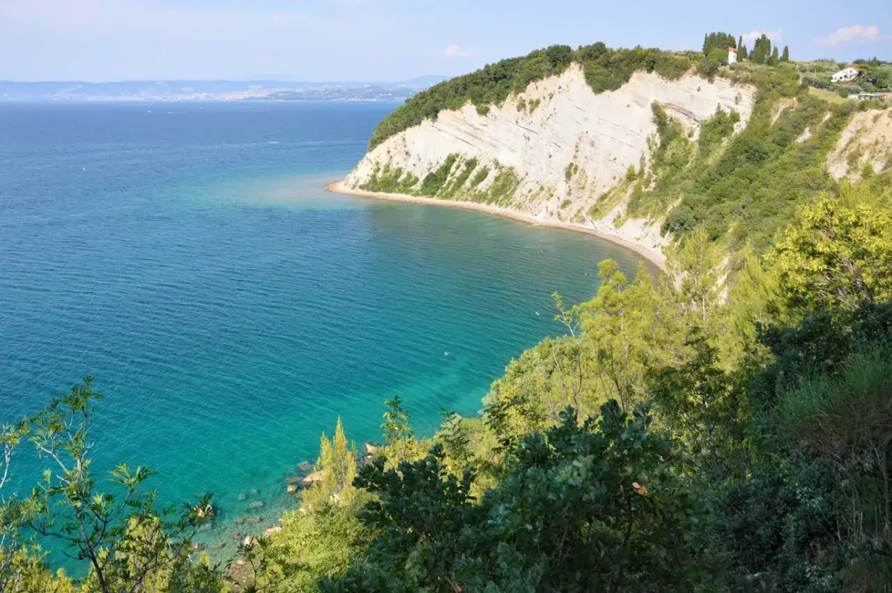 Słowenia plaże piaszczyste: malownicza zatoka z turkusową wodą, klifem i bujną zielenią.