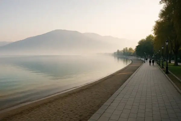 Spokojny poranek nad jeziorem w Pogradec, Albania. Mgła otula góry, a spacerowicze cieszą się spokojem promenady.