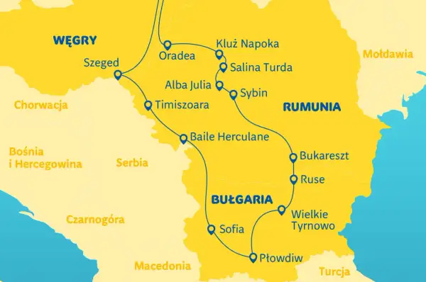 Mapa pokazuje trasę przez Rumunię, Bułgarię i Węgry. Czy Rumunia to Bałkany? Mapa pokazuje jej położenie obok Serbii i Bułgarii.