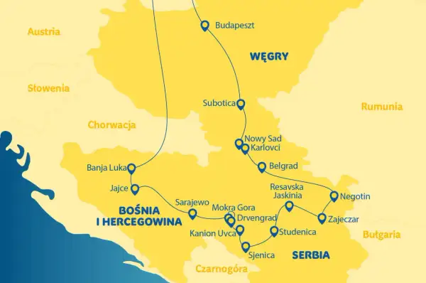 Mapa pokazuje, gdzie leży Serbia, otoczona przez Węgry, Rumunię, Bułgarię, Czarnogórę, Bośnię i Hercegowinę oraz Chorwację.