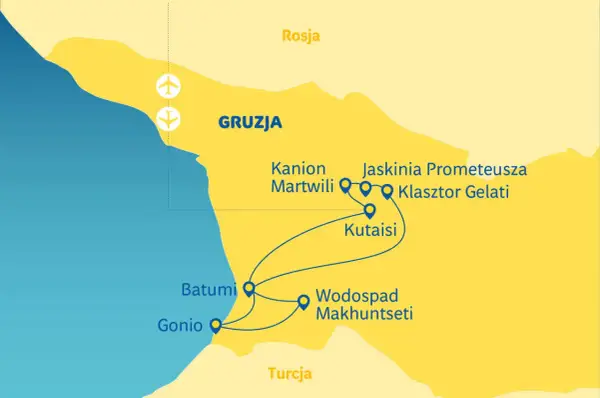 Mapa Gruzji z zaznaczonymi atrakcjami: Batumi, Gonio, Wodospad Machuntseti, Kutaisi, Kanion Martwili, Jaskinia Prometeusza, Klasztor Gelati. Planując wycieczkę, warto sprawdzić, co zobaczyć w Batumi i okolicach.