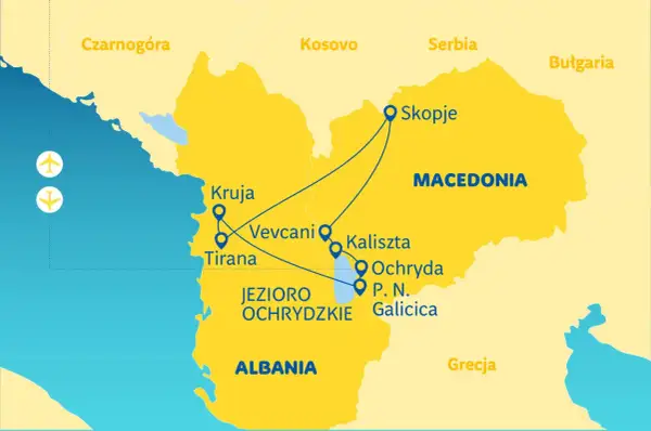 Mapa turystyczna Macedonii Południowej z zaznaczonymi miastami: Skopje, Ochryda, Tirana, Kruja. Trasy łączą te miejsca.