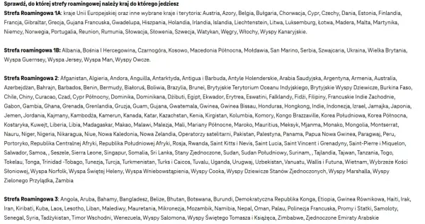 Lista krajów podzielona na strefy roamingowe, z wyróżnionymi nagłówkami stref.