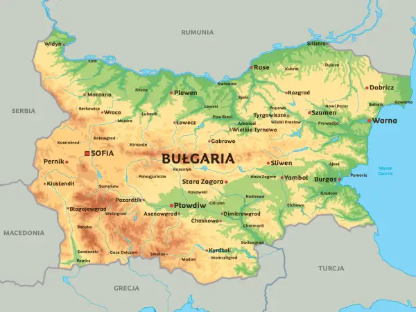 Mapa fizyczna Bułgarii z zaznaczonymi miastami i granicami. Gdzie leży Bułgaria? Między Serbią, Rumunią, Macedonią, Grecją i Turcją, nad Morzem Czarnym.