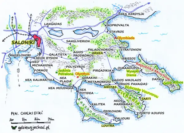 Mapa Chalkidiki z zaznaczonymi atrakcjami: Saloniki, Olynthos, jaskinia Petralona, Góra Athos. Planuj podróż!